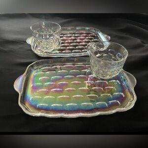Vintage Iridescent Carnival Glass Lunch Plates w/ Cups
